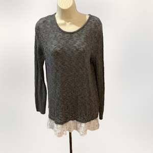 AB STUDIO LONG SLEEVE ROUND NECK GRAY/WHITE LACE‎ SWEATER SOFT COMFY TUNIC Large
